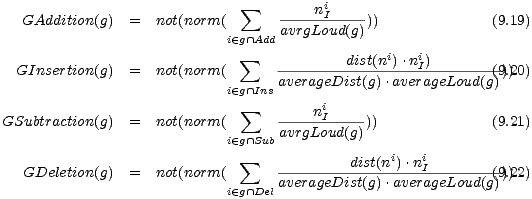  sum i
 GAddition(g) = not(norm( ----nI-----)) (9.19)
 i (- g /~\ Add avrgLoud(g)
 sum dist(ni).ni)
 GInsertion(g) = not(norm( averageDist(g).aveIrageLoud(g)()9).20)
 i (- g /~\ Ins
 sum ----niI-----
 GSubtraction(g) = not(norm( avrgLoud(g))) (9.21)
 i (- g /~\ Sub
 GDeletion(g) = not(norm( sum ---------dist(ni).niI--------()9).22)
 i (- g /~\ DelaverageDist(g).averageLoud(g)
 