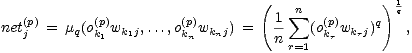  ( sum n ) 1q
 net(jp) = mq(o(kp)wk1j,...,o(pk)wknj) = -1 (o(pk)wkrj)q ,
 1 n n r=1 r
 