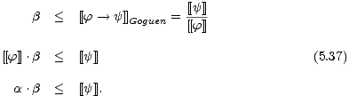  b < [[f --> y]] = [[y]]
 Goguen [[f]]
 
 [[f]].b < [[y]] (5.37)
 
 a .b < [[y]].
 